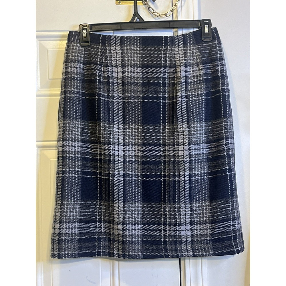 VTG 90s Dark Academia Savannah Womens 12 Wool Plaid Pencil Skirt Navy Grey USA
